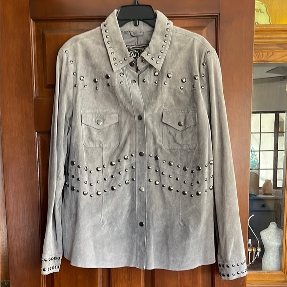 Chi by Carlos Falchi suede leathered studded jacket/shirt size XL - Picture 1 of 9